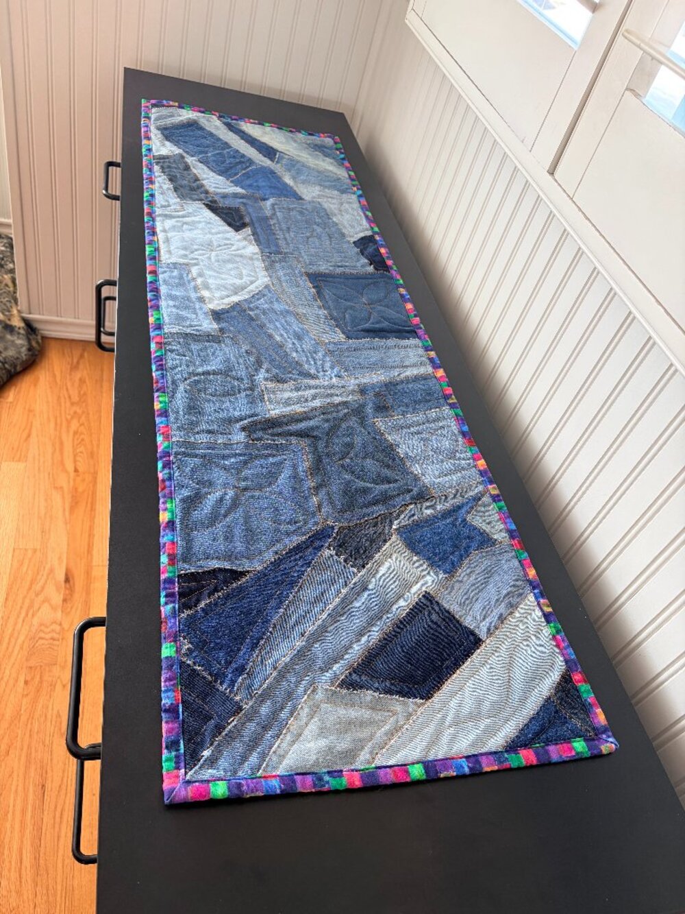 Recycled Denim Crazy Quilted Table Topper Runner Reversible